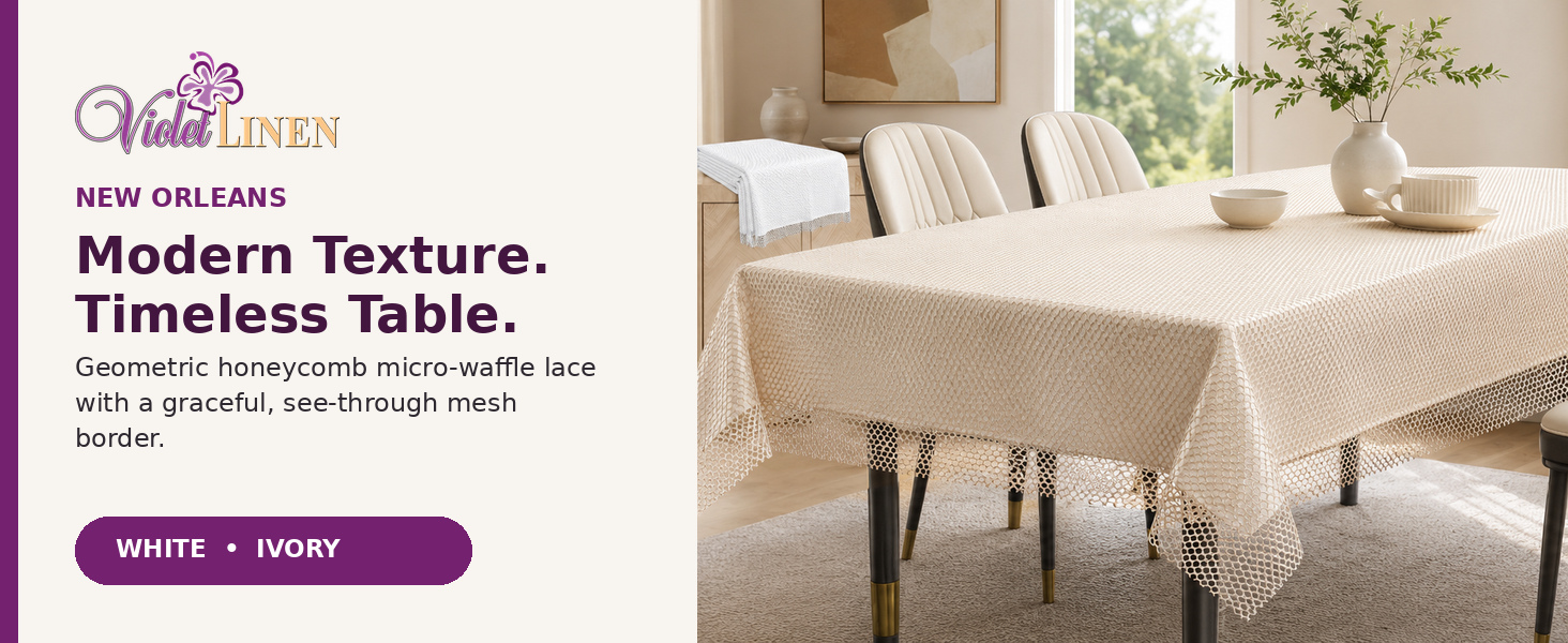 Violet Linen New Orleans geometric honeycomb micro waffle lace tablecloth on dining table