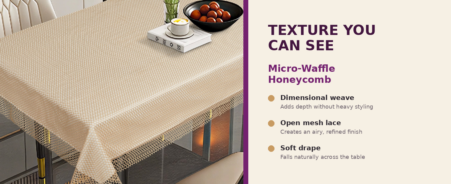 Micro waffle honeycomb texture close up on Violet Linen New Orleans lace tablecloth