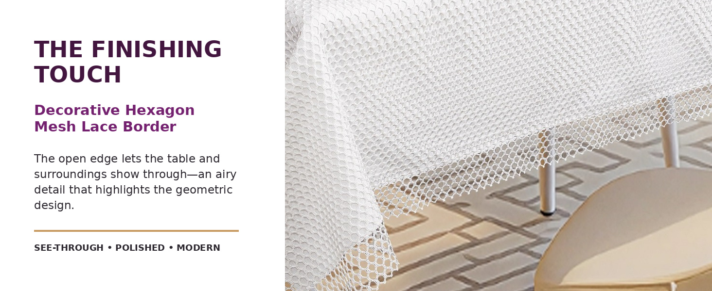 Decorative hexagon mesh lace border detail on Violet Linen tablecloth