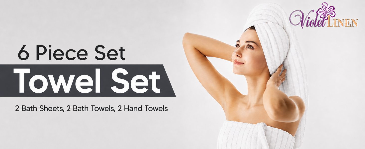 Woman wearing White Violet Linen ribbed towels beside six-piece towel-set information