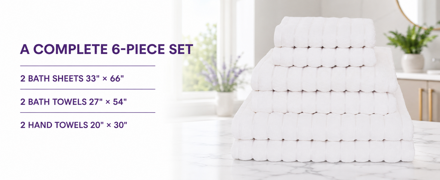 Six-piece set with two bath sheets, two bath towels, and two hand towels shown by size