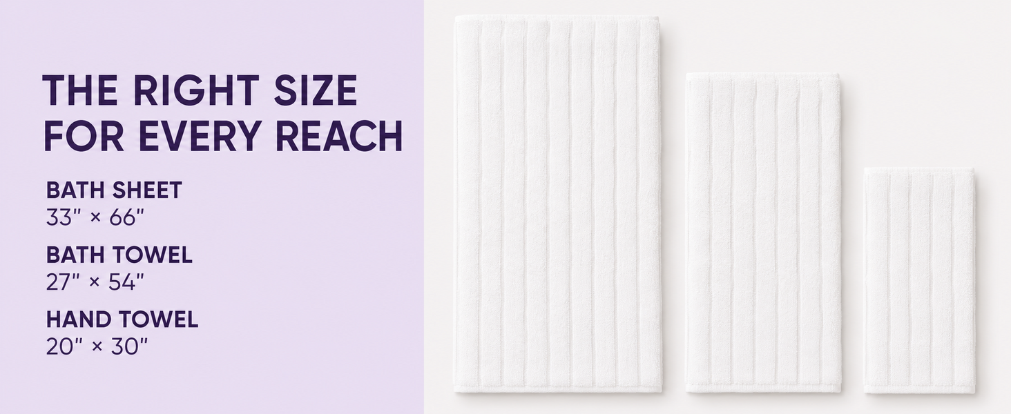 Bath sheet, bath towel, and hand towel shown in use at their relative sizes